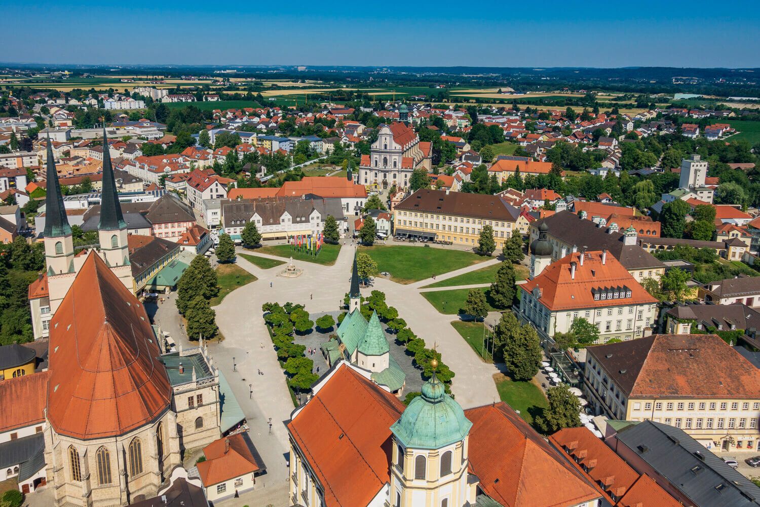 Aerial view of Altötting with its pilgrimage churches and the chapel square